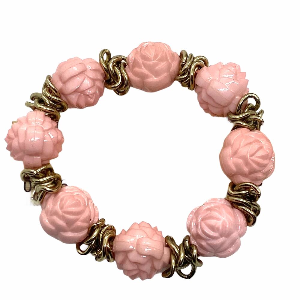 Retro Bracelet Pink and Gold Rose Floral Stretch Romantic Cottagecore Shabby